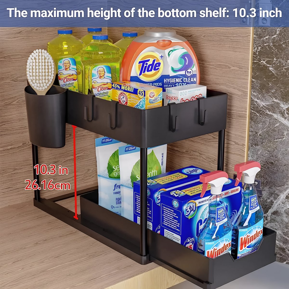 Nexxt Keukenkast Organizer - 2 Lagen - Rek met Uitschuifbare Lade - Inclusief Haakjes en Bakjes – Gootsteen Organizer - Zwart