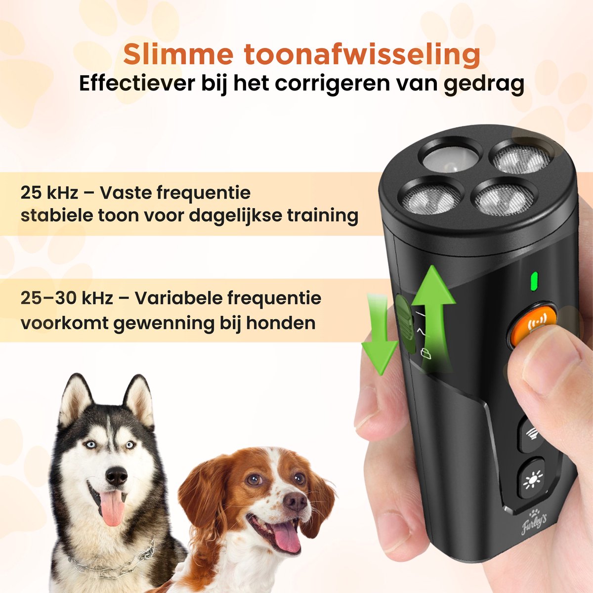 Furley’s Anti Blaf Apparaat – Diervriendelijke Hondentrainer Zonder Schok – 3 Zenders - 4-in-1 Ultrasoon, Geluid, LED & Zaklamp – USB-C Oplaadbaar – Bereik 7m – Voor Kleine & Grote Honden – Zwart