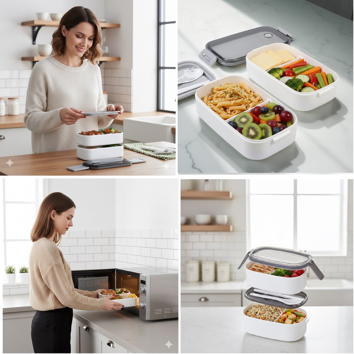 Cheffinger Lunchbox met Bestek - Wit - Bentobox - Multifunctioneel Voor Werk en School - Meal Prep Bakje