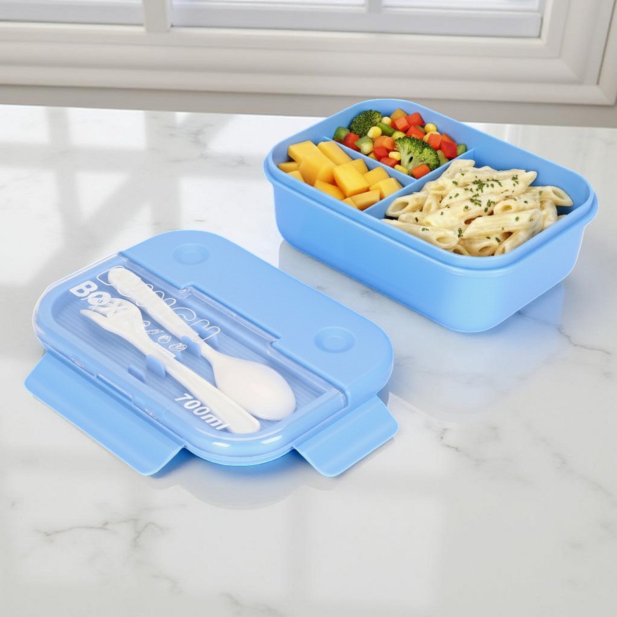 Cheffinger Lunchbox met Bestek - Blauw - Bentobox - Multifunctioneel Voor Werk en School - Meal Prep Bakje
