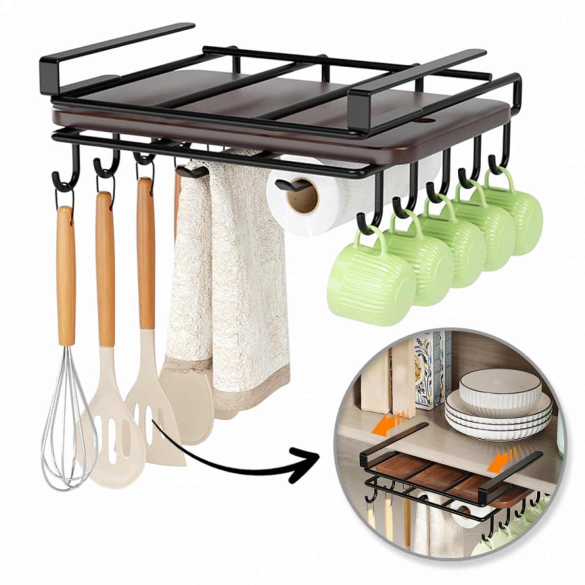 Hauskraft Ophangbeugel met Haken voor Kast - Snijplank Plank Houder - Keukenorganizer - Zwart