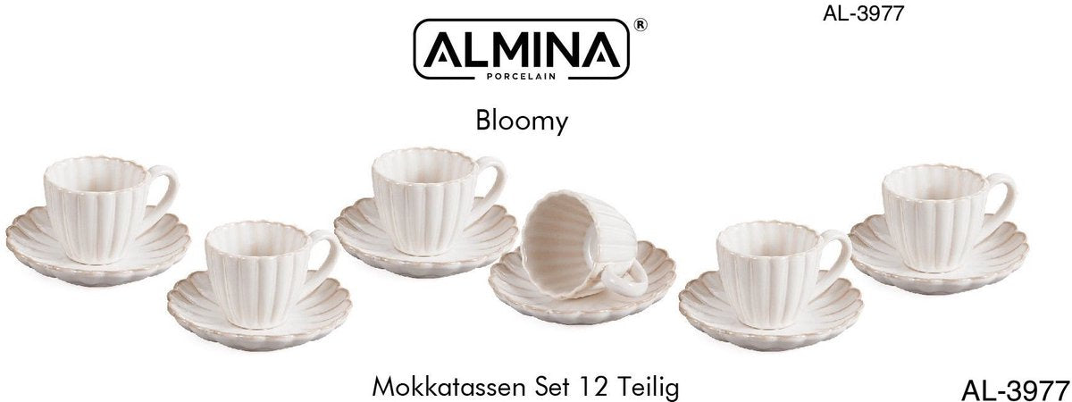 Almina Bloomy - Espressoset - 12-delig - Wit - 120ml - Porselein - Koffiekopjes