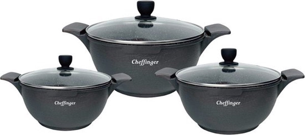 Cheffinger Pannenset - Crocodile Line - 6-delig - 20, 24 & 28cm - Zwart