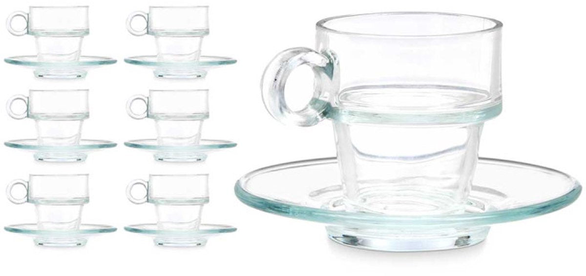 Vivalto Espressomok met Schoteltje - Set van 6 - Glas - 100ml - Kleine Koffiemok