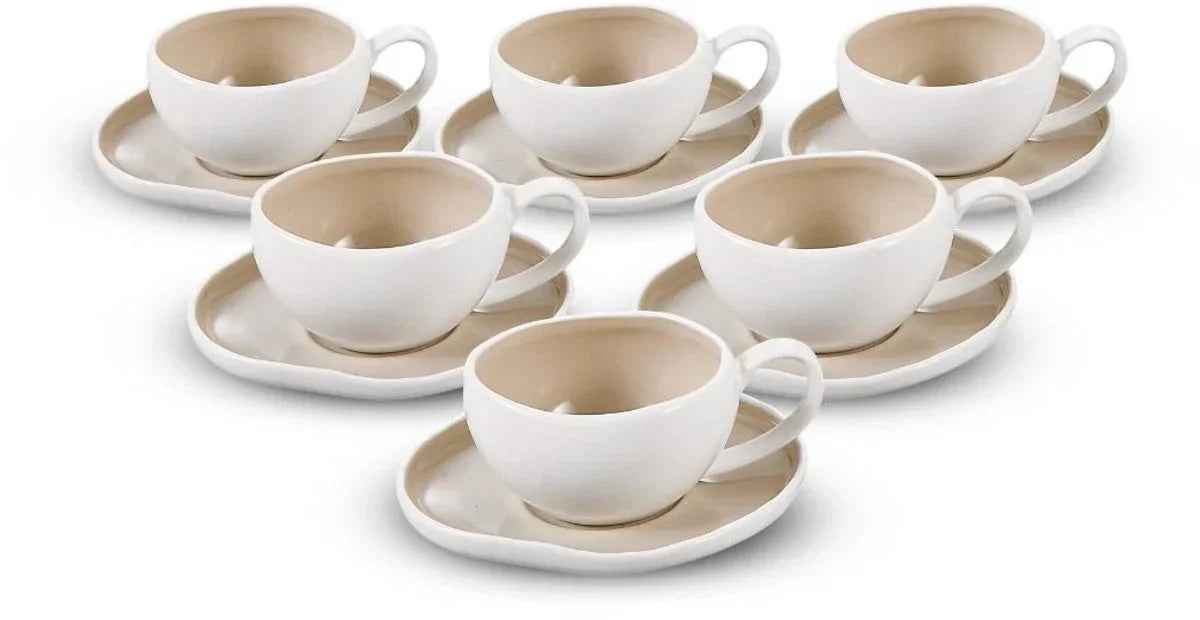 Bricard Barles Espressoset - 12-delig Wit/Taupe - 125ml - Porselein - Koffiekopjes - TEKZEN