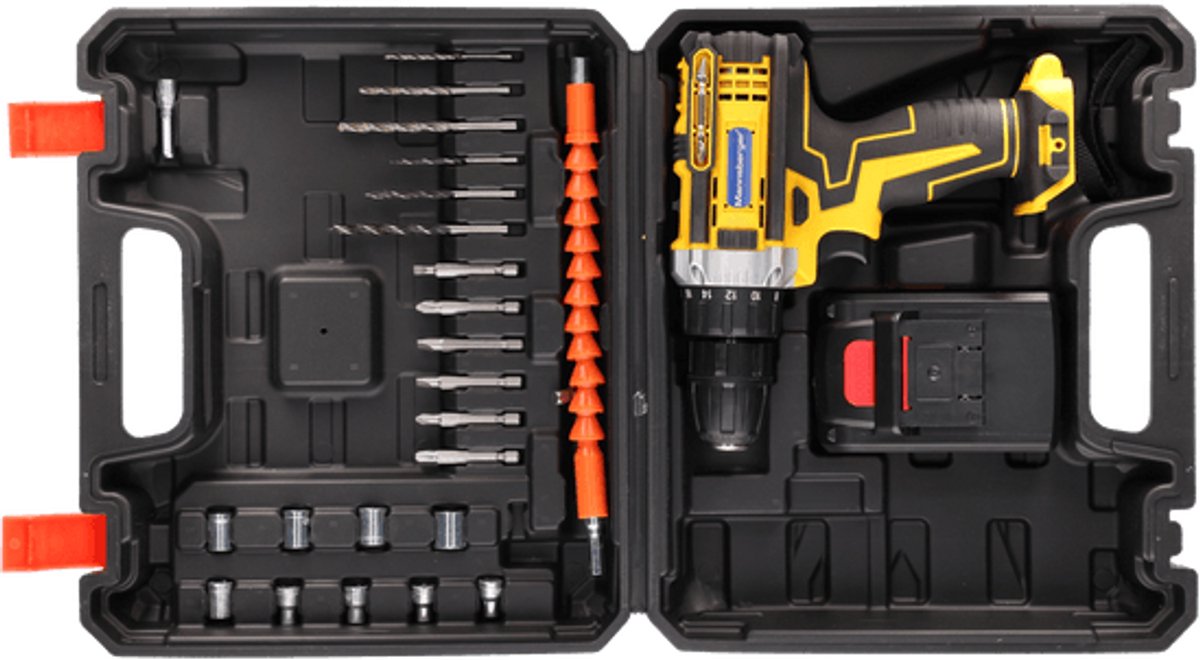 Mannsberger Draadloze Boormachine 21V – Inclusief 22 Accessoires, Accu, LED-verlichting & Koffer