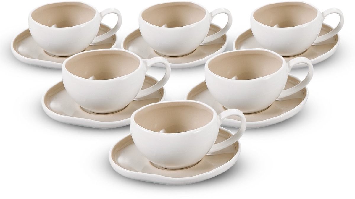 Bricard Barles Koffieset - 12-delig - Wit/Taupe - 225ml - Porselein - Koffiekopjes