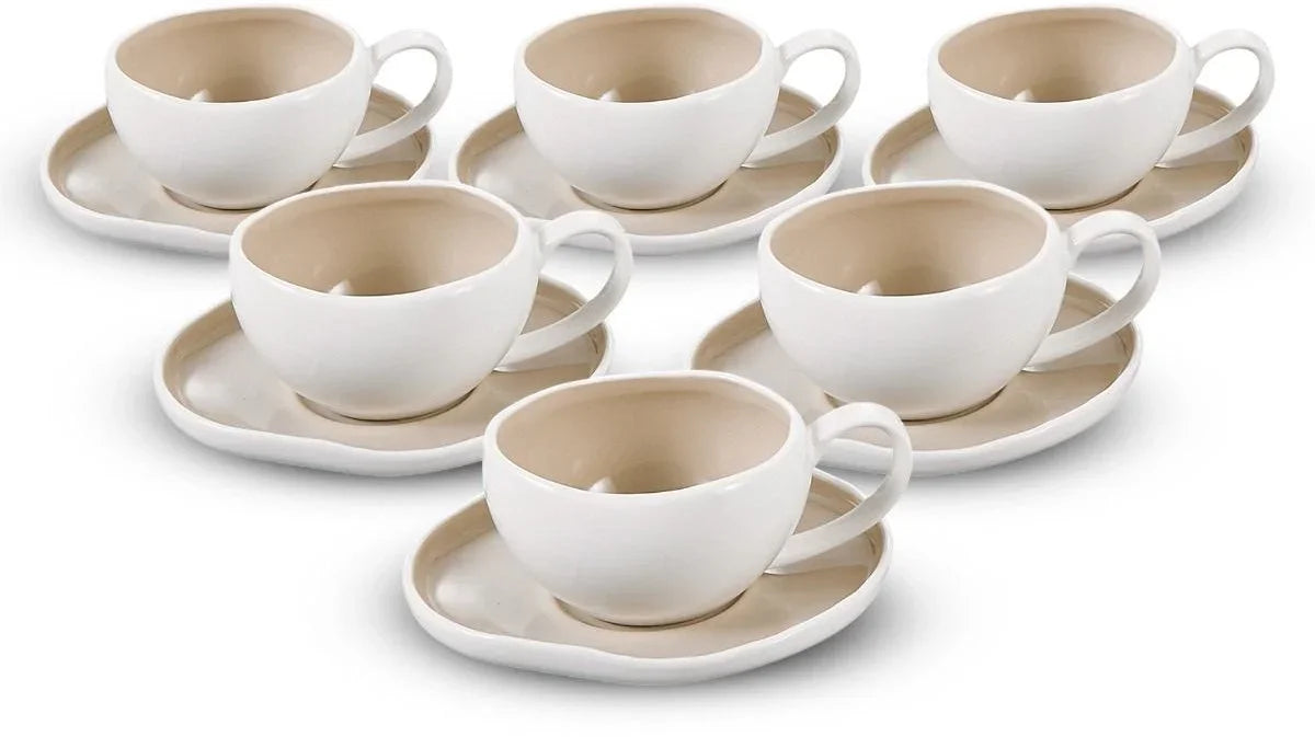 Bricard Barles Koffieset - 12-delig - Wit/Taupe - 225ml - Porselein - Koffiekopjes
