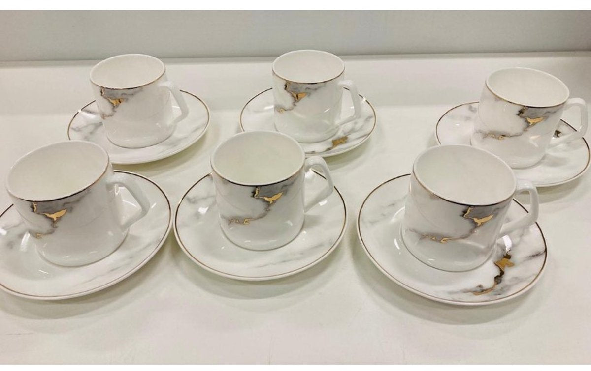 Bricard Drancy Koffieset - 12-delig - Wit/Marmer - Koffie Kopjes en Schoteltjes