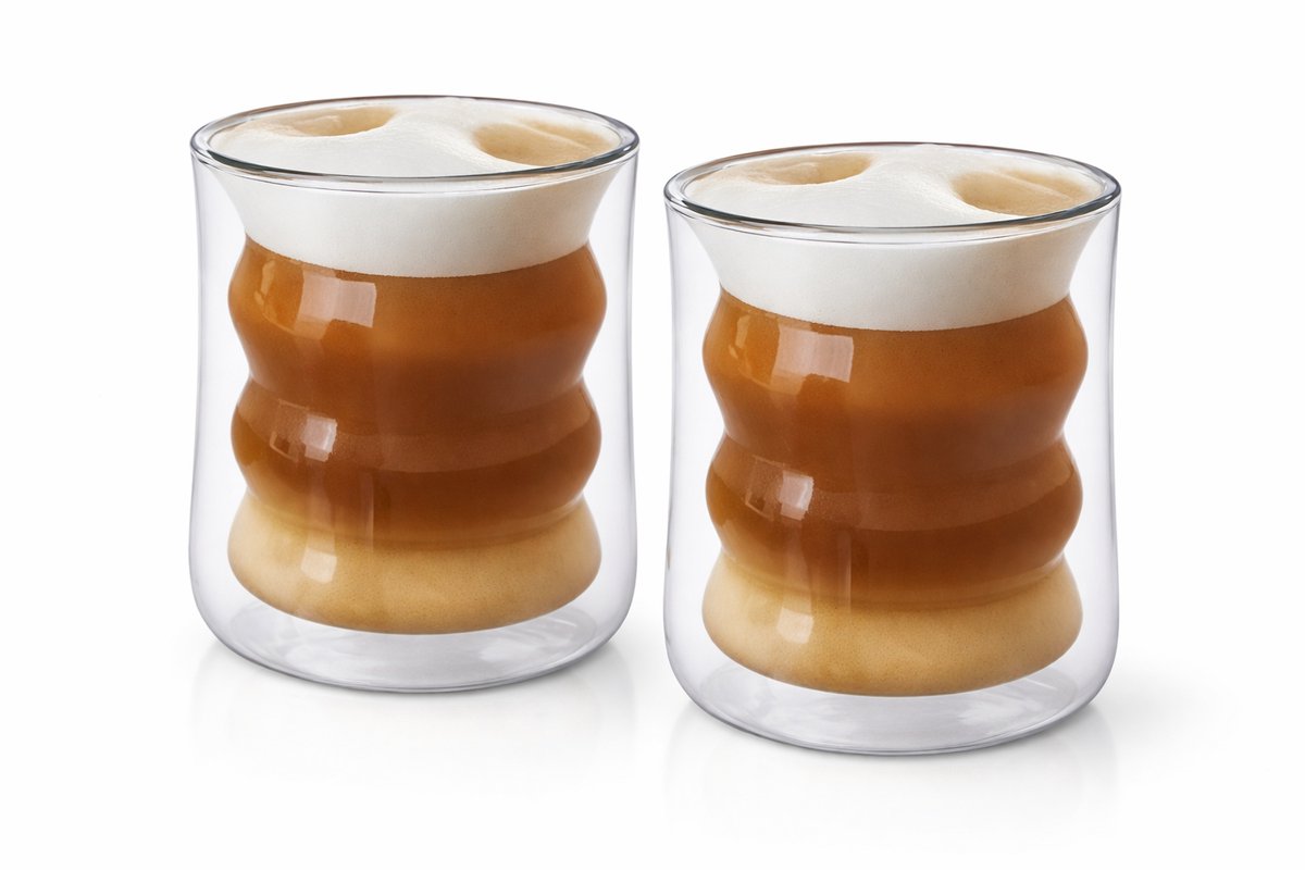 Glozini Dubbelwandige Wavy Bubbelglazen - 225ml - Set van 8 - Geribbelde Glazen - Bubble Glas - Esthetische Cocktailglazen