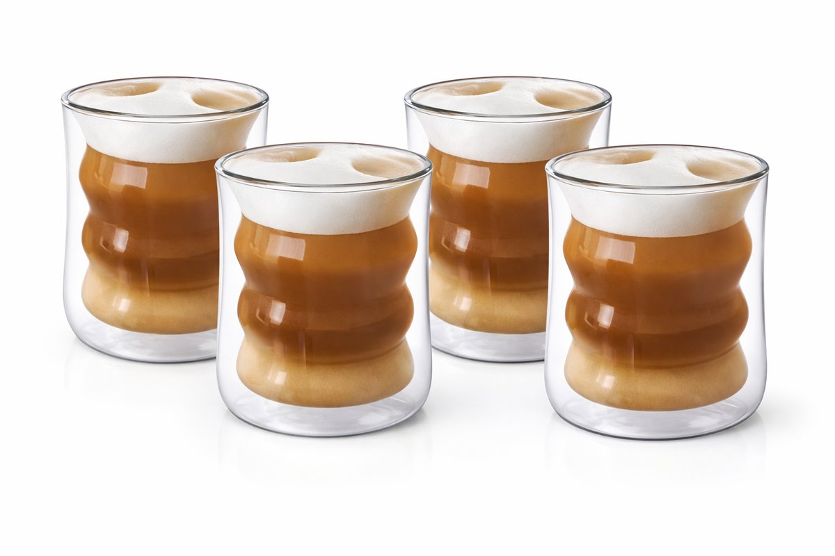 Glozini Dubbelwandige Wavy Bubbelglazen - 225ml - Set van 4 - Geribbelde Glazen - Bubble Glas - Esthetische Cocktailglazen