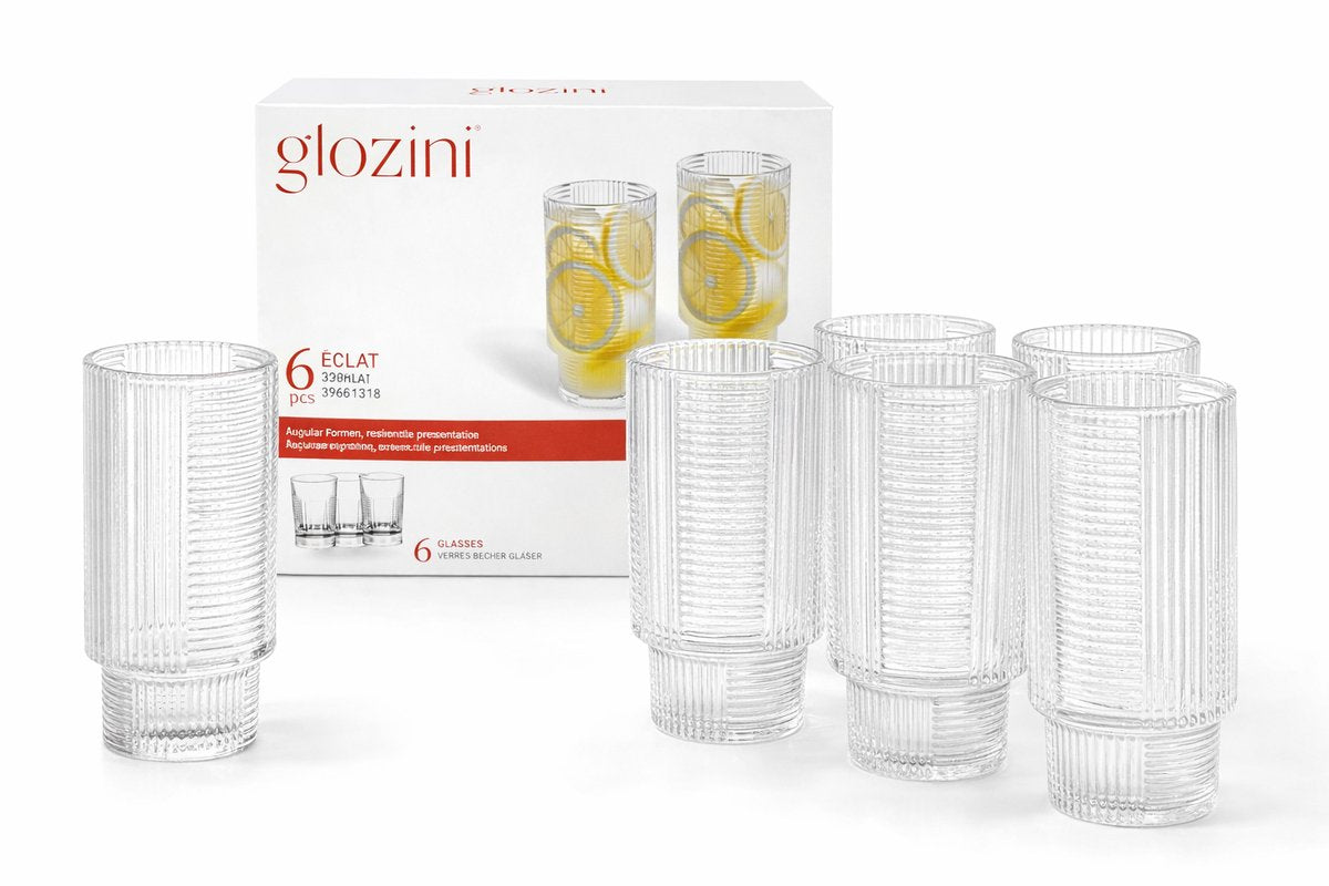 Glozini Eclat - Geribbelde Longdrinkglazen - 330ml - Stapelbaar - 6 Stuks - Matcha Glazen - Latte Glazen - Cocktail Glazen