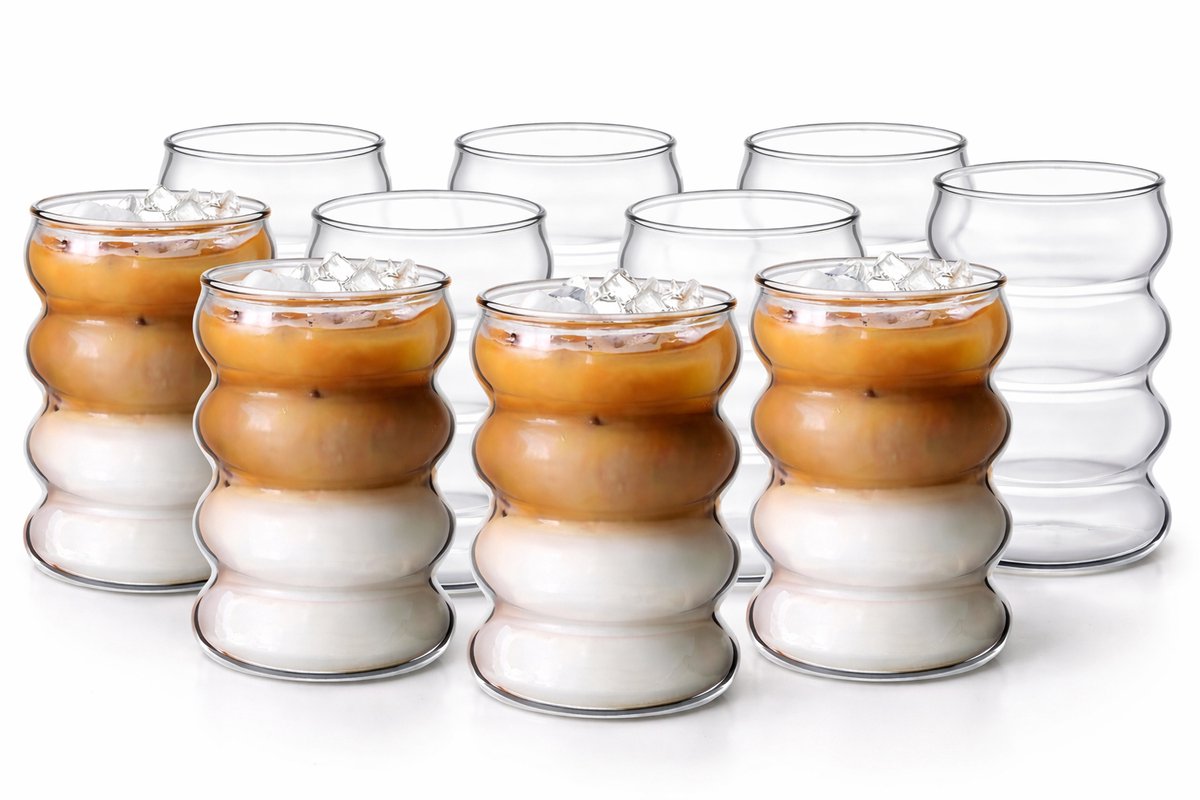 Glozini Wavy Bubbelglazen - 360ml - Set van 8 - Geribbelde Glazen - Bubble Glas - Esthetische Cocktailglazen