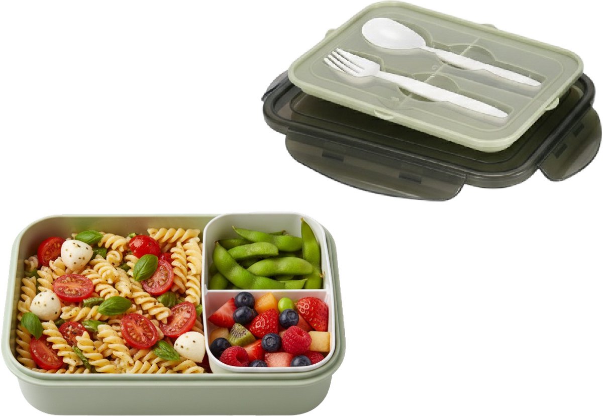 Cheffinger Lunchbox met Bestek - Camouflage Groen - Bentobox - Multifunctioneel Voor Werk en School - Meal Prep Bakje
