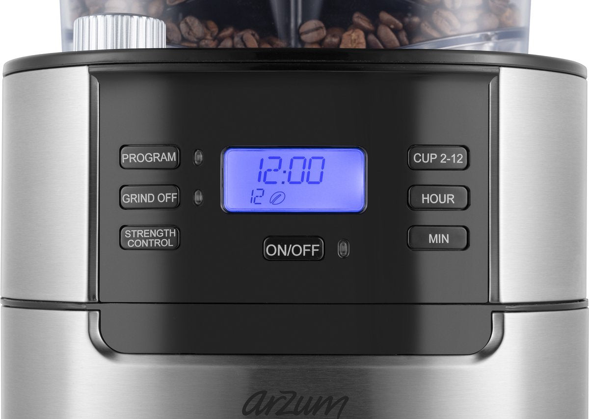 Arzum Brewtime Fresh Grind - Silver/Black - Filter coffee maker - Integrated coffee grinder - 1050W - 1.5 L