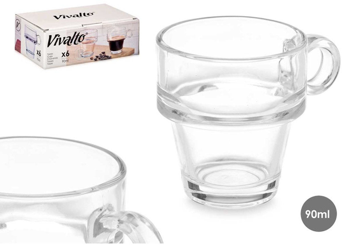 Vivalto Espressokop - Set van 6 - Stapelbaar - 90ml - Espressoglas - Kleine Koffieglas