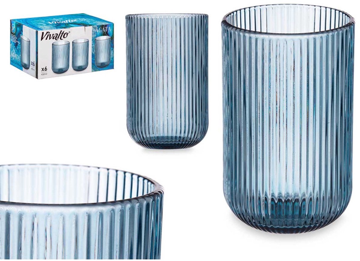 Vivalto Geribbelde Longdrinkglazen - Set van 6 - Blauw - 430ml - Waterglazen - Sapglazen