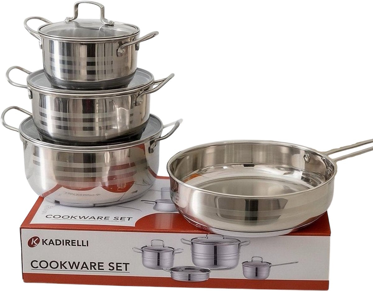 Kadirelli Pannenset met Glazen Deksel - 7-delig - RVS - Inductie - Zilver