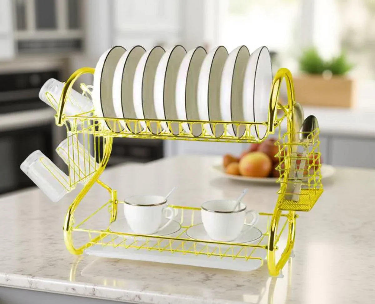 Cheffinger Dish Draining Rack with Drip Tray - 2-Tier - Gold - Dish Draining Rack Drying Rack with Cutlery Basket