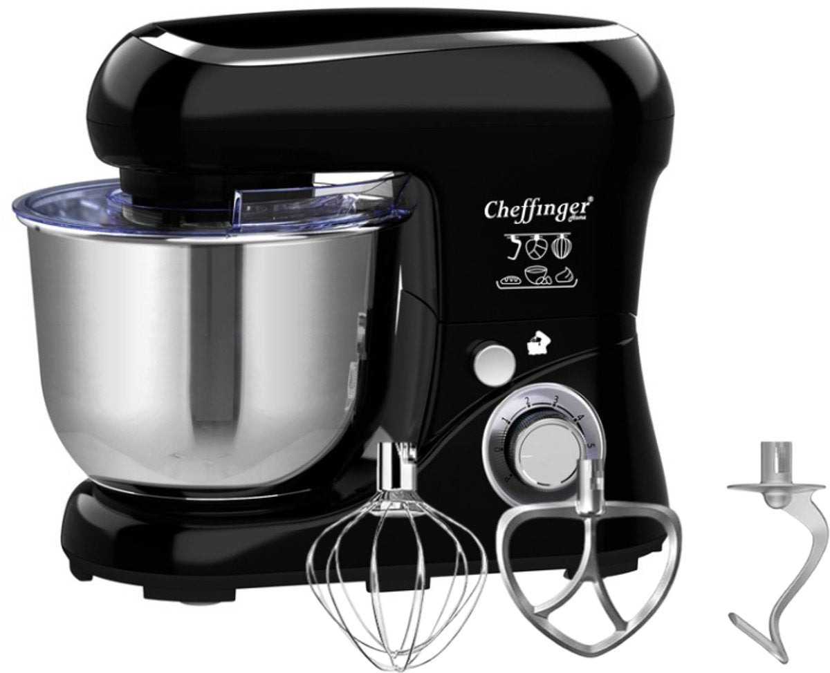 Cheffinger Keukenmixer - Zwart - 6.5L Mengkom - Keukenrobot - 3 Accessoires - Keukenmachine - 1600W