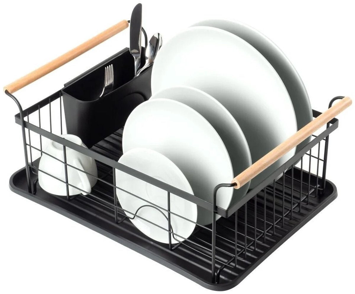 Kadirelli Dish Rack with Drip Tray - Black - Dish Drainer Drying Rack with Cutlery Basket
