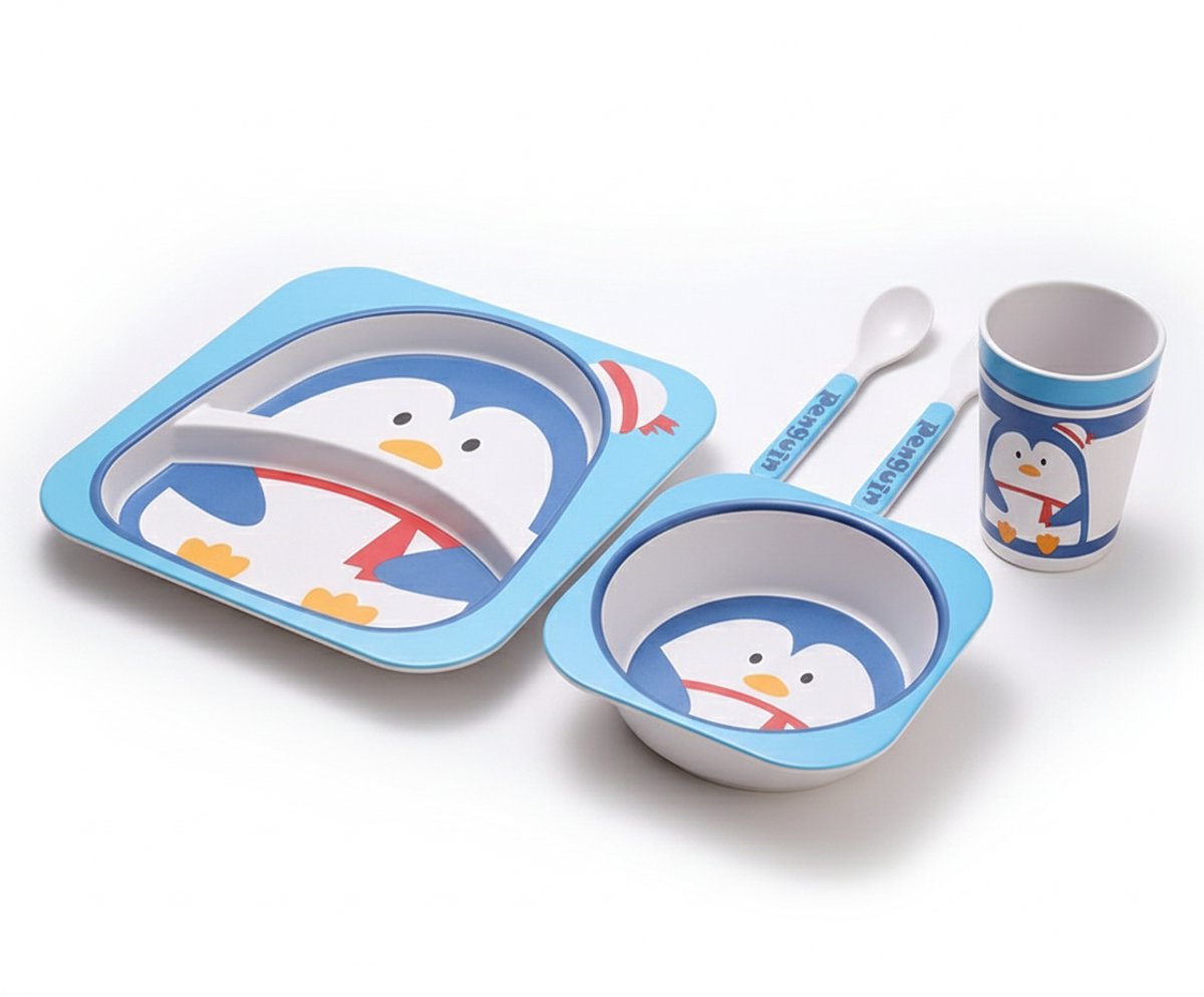 Cheffinger Kinderservies - Pinguïn - Bamboe - 5-delig - Blauw - Baby Servies - Kinderbestek