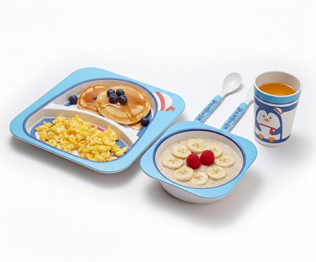 Cheffinger Kinderservies - Pinguïn - Bamboe - 5-delig - Blauw - Baby Servies - Kinderbestek