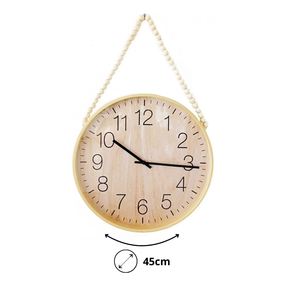 Hauskraft Wanduhr – 45 cm – Hellbraun/Schwarz – Dekorative Kordel mit Holzperlen