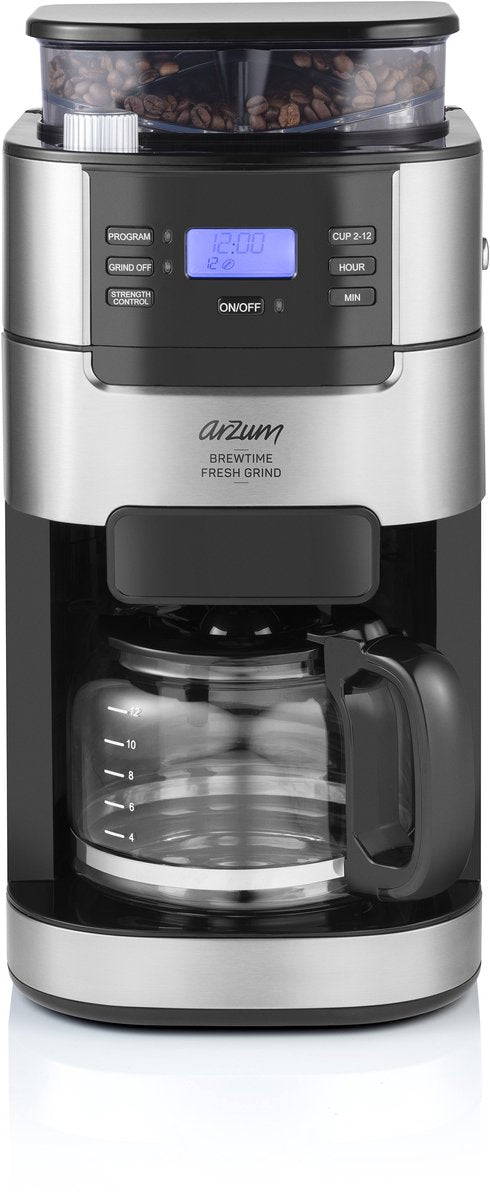 Arzum Brewtime Fresh Grind - Silver/Black - Filter coffee maker - Integrated coffee grinder - 1050W - 1.5 L