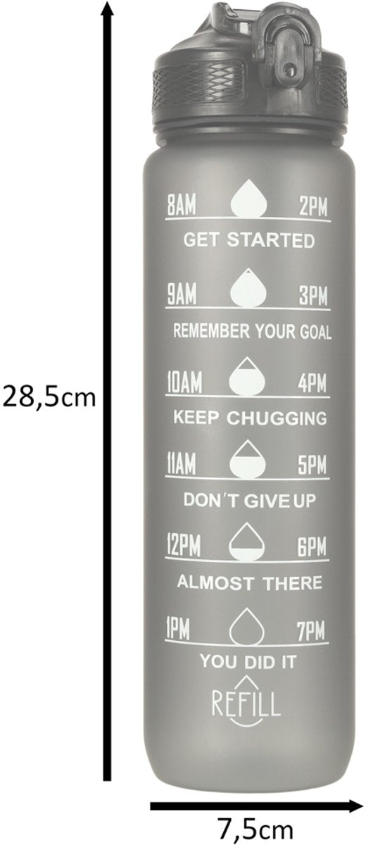 Hauskraft Motivational Water Bottle - Black - Drinking Bottle - Water Bottle with Straw - Water Bottle with Time Marker - 1L