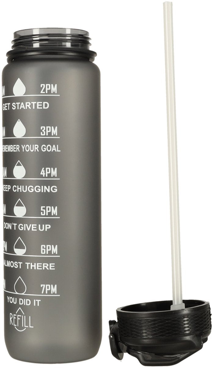 Hauskraft Motivational Water Bottle - Black - Drinking Bottle - Water Bottle with Straw - Water Bottle with Time Marker - 1L
