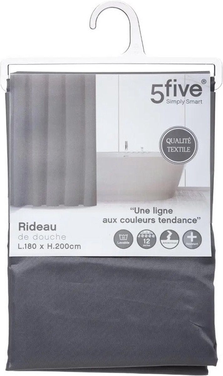 5Five Douchegordijn Grijs - 180x200cm - Waterafstotend Polyester met Ringen