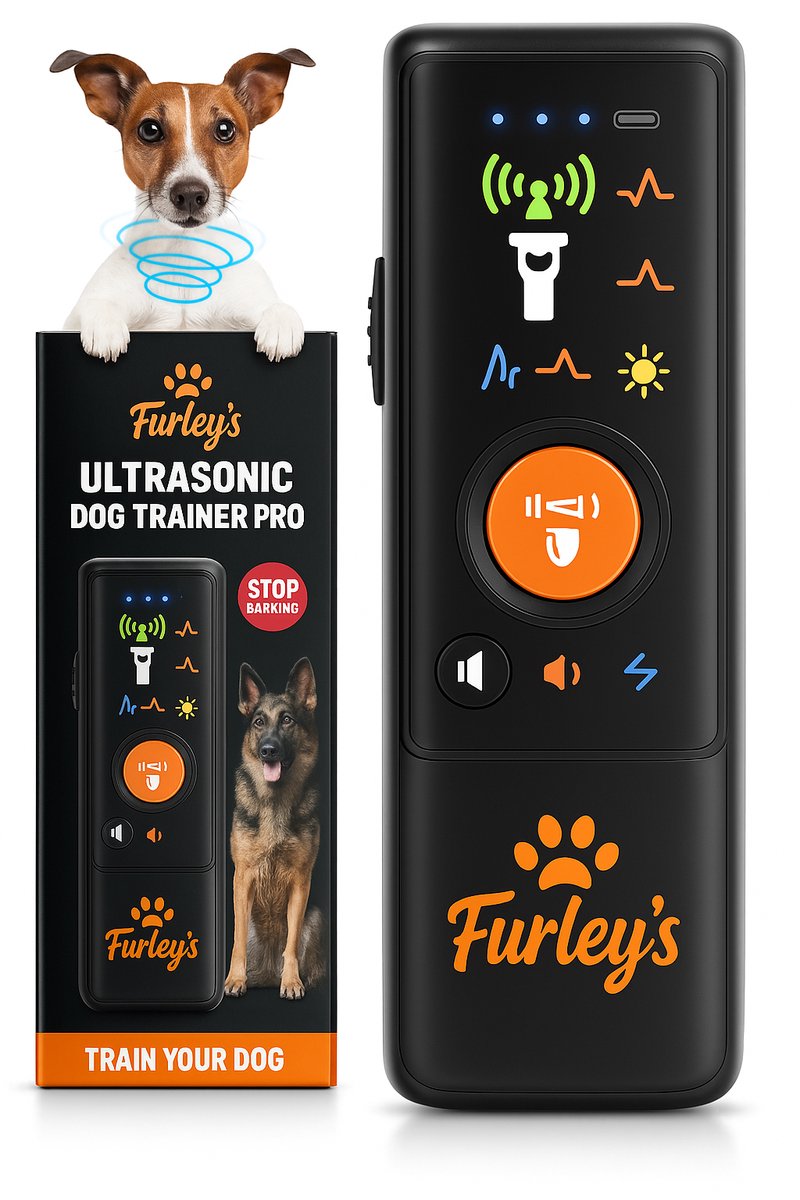 Furley’s Anti Blaf Apparaat PRO – Diervriendelijke Hondentrainer zonder Schok – 4-in-1 Ultrasoon, Geluid & LED – USB-C Oplaadbaar – Voor Kleine & Grote Honden – Bereik 7m – Incl. E-book – Zwart