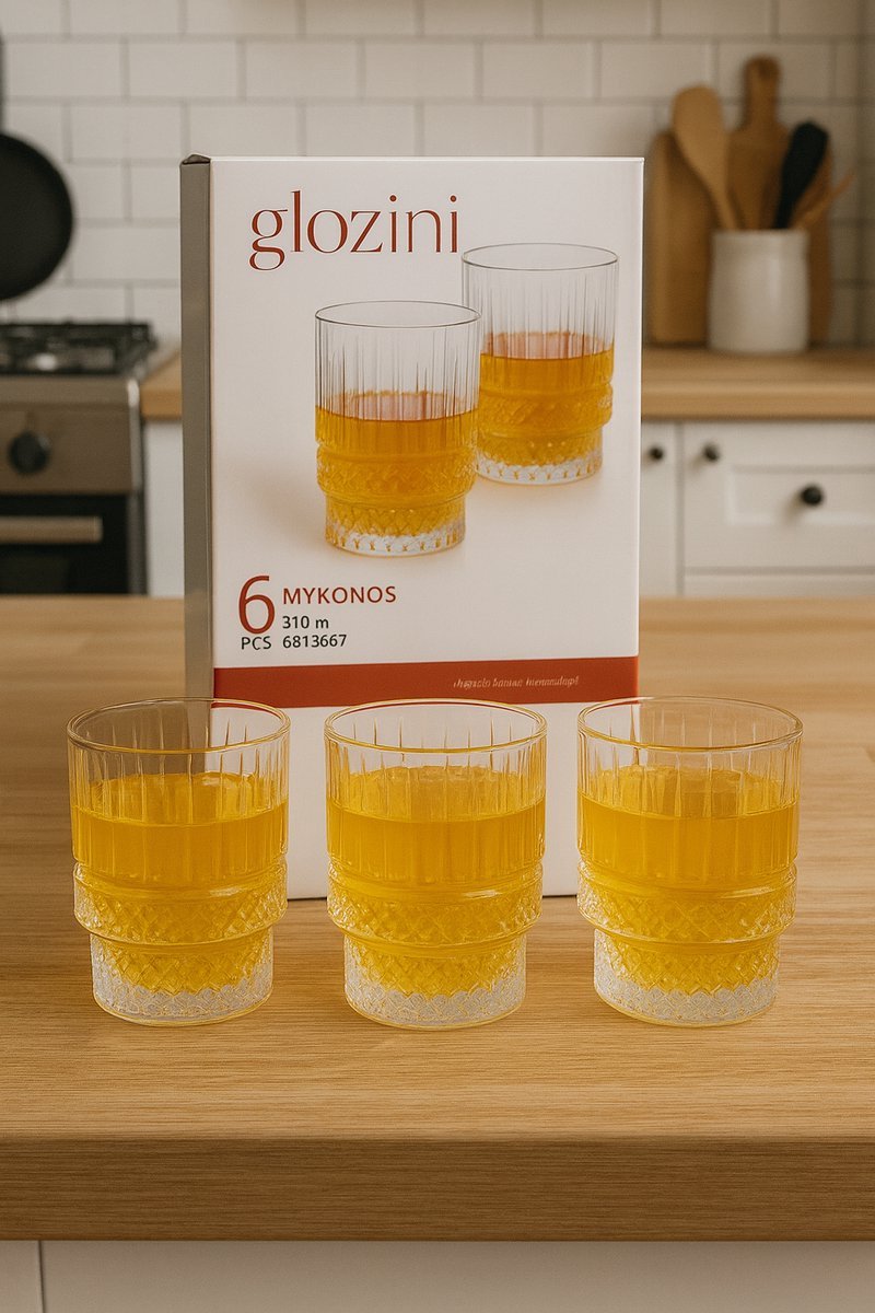 Glozini Mykonos - Short Ribbed Glasses - 213ml - Stackable - 6 Pieces - Matcha Glasses