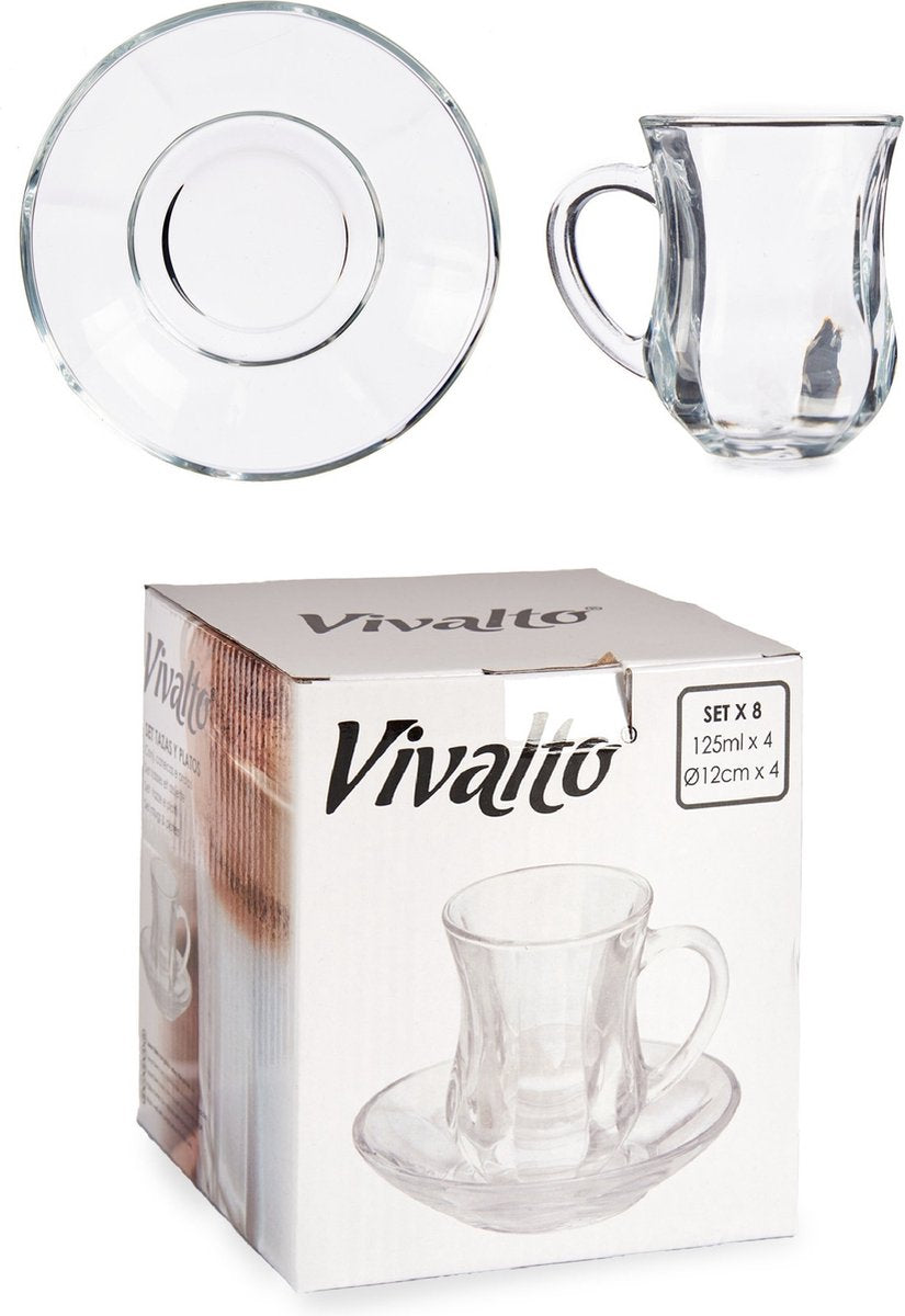 Vivalto Theeglas met Schotel en Oor - 125ml - Set van 4 - Turkse Theeglazen