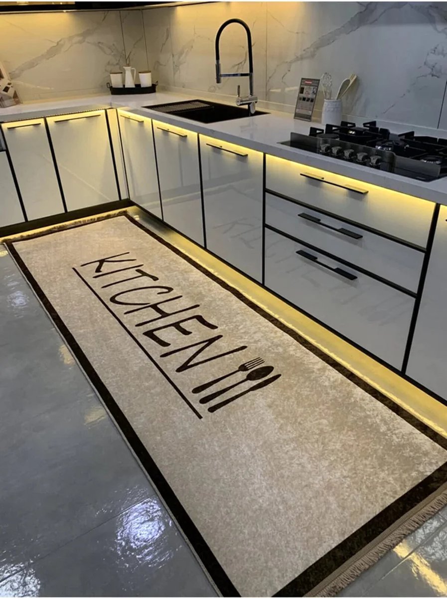 Keukenloper Kitchen - Beige - 80x200 cm - Vloerkleden - Keuken Tapijt - Keukenmat - Loper Tapijt - Loper Vloerkleed