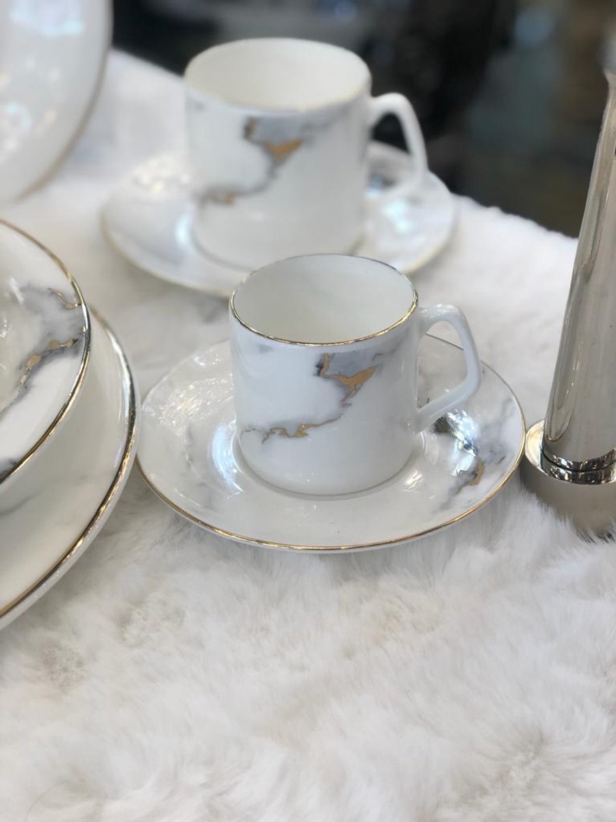 Bricard Drancy Koffieset - 12-delig - Wit/Marmer - Koffie Kopjes en Schoteltjes