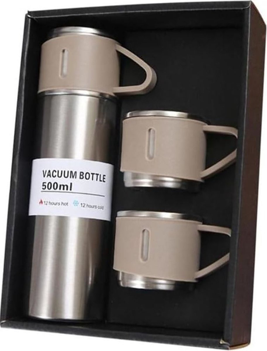Hauskraft Thermosfles Set met 3 Bekers - 500ml - Zilver/Taupe - Koffie-to-go Beker