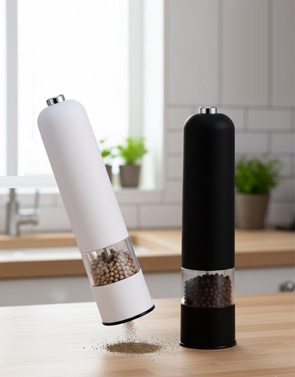 Cheffinger Elektrische Peper- En Zoutmolen Set - Zwart/Wit - Pepermolen - Zoutmolen - Verstelbare Maalgraad - Kruidenmolen