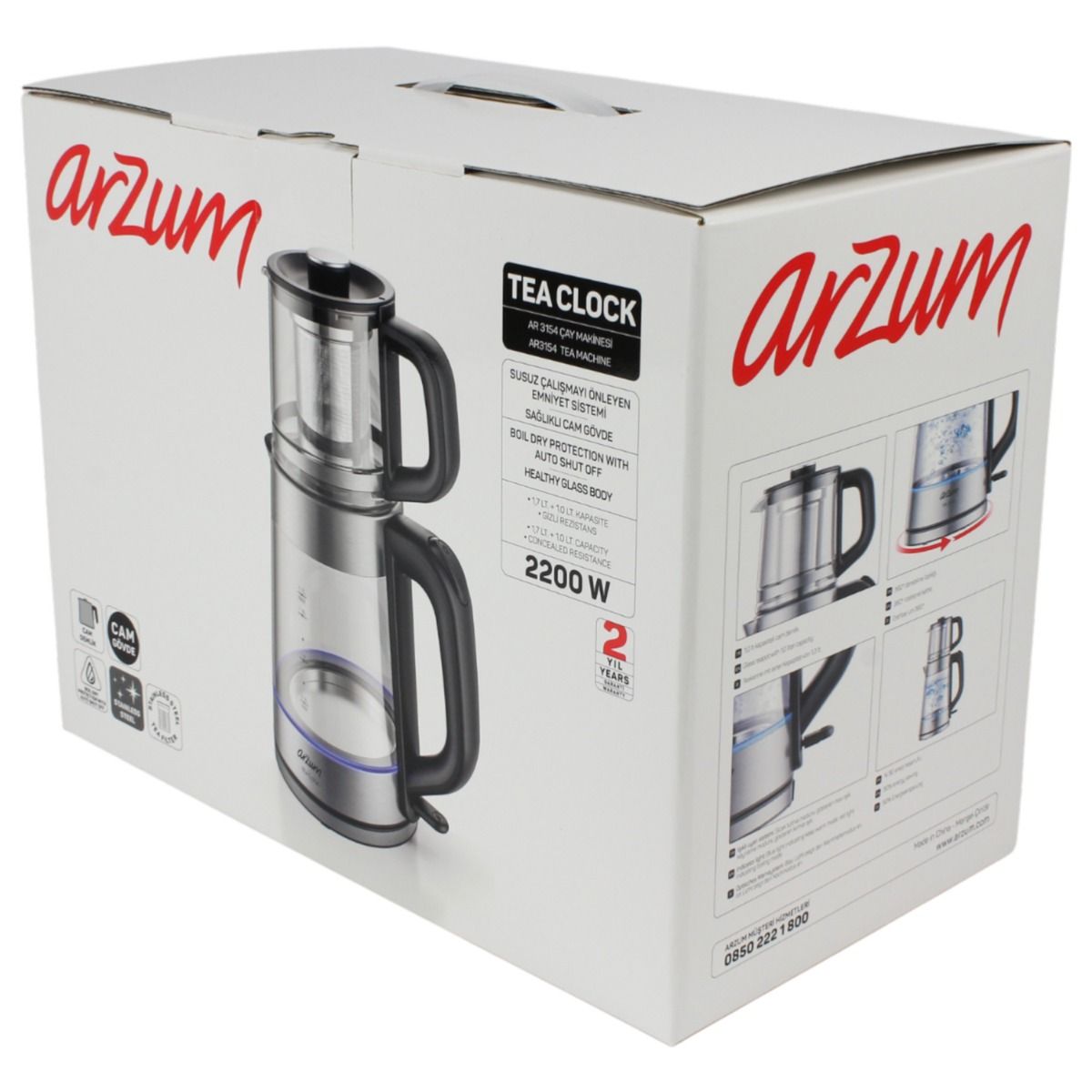 Arzum Tea Clock Elektrische Theepot AR3154-0600 | Glas - 1.7L + 1.0L - 360° basis - 2200W