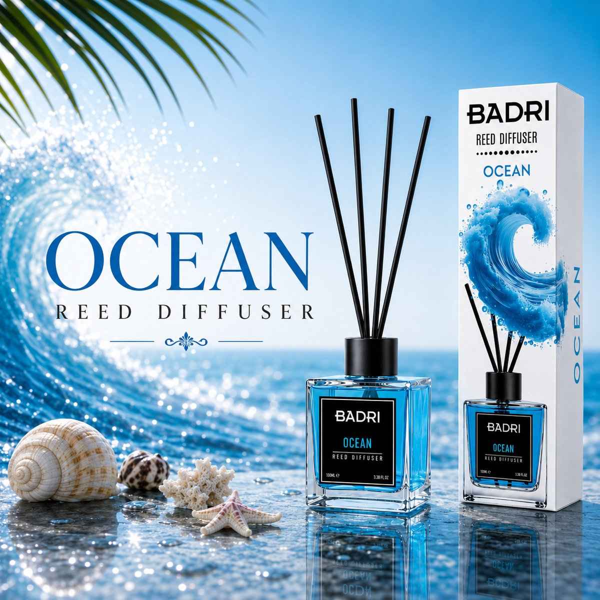 BADRI Geurstokjes Ocean 100ML - Luxe Reed Diffuser met Frisse Oceaangeur voor Woonkamer & Badkamer