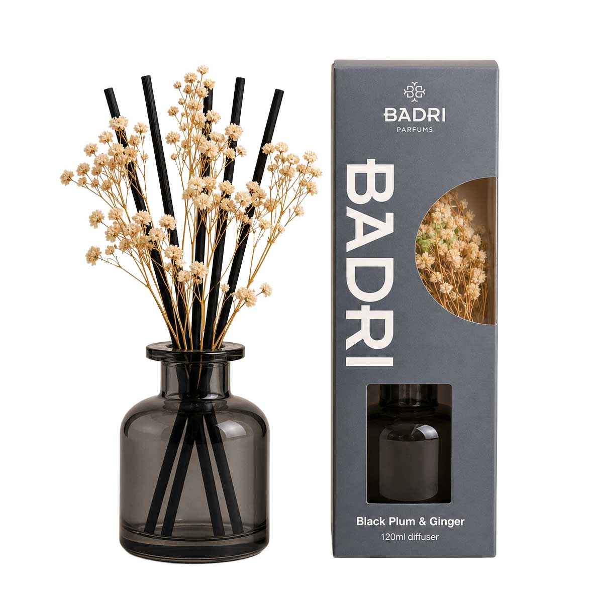BADRI Bloem Geurstokjes - Black Plum & Ginger - 120ML - Luxe Reed Diffuser - Geur voor Woonkamer & Badkamer