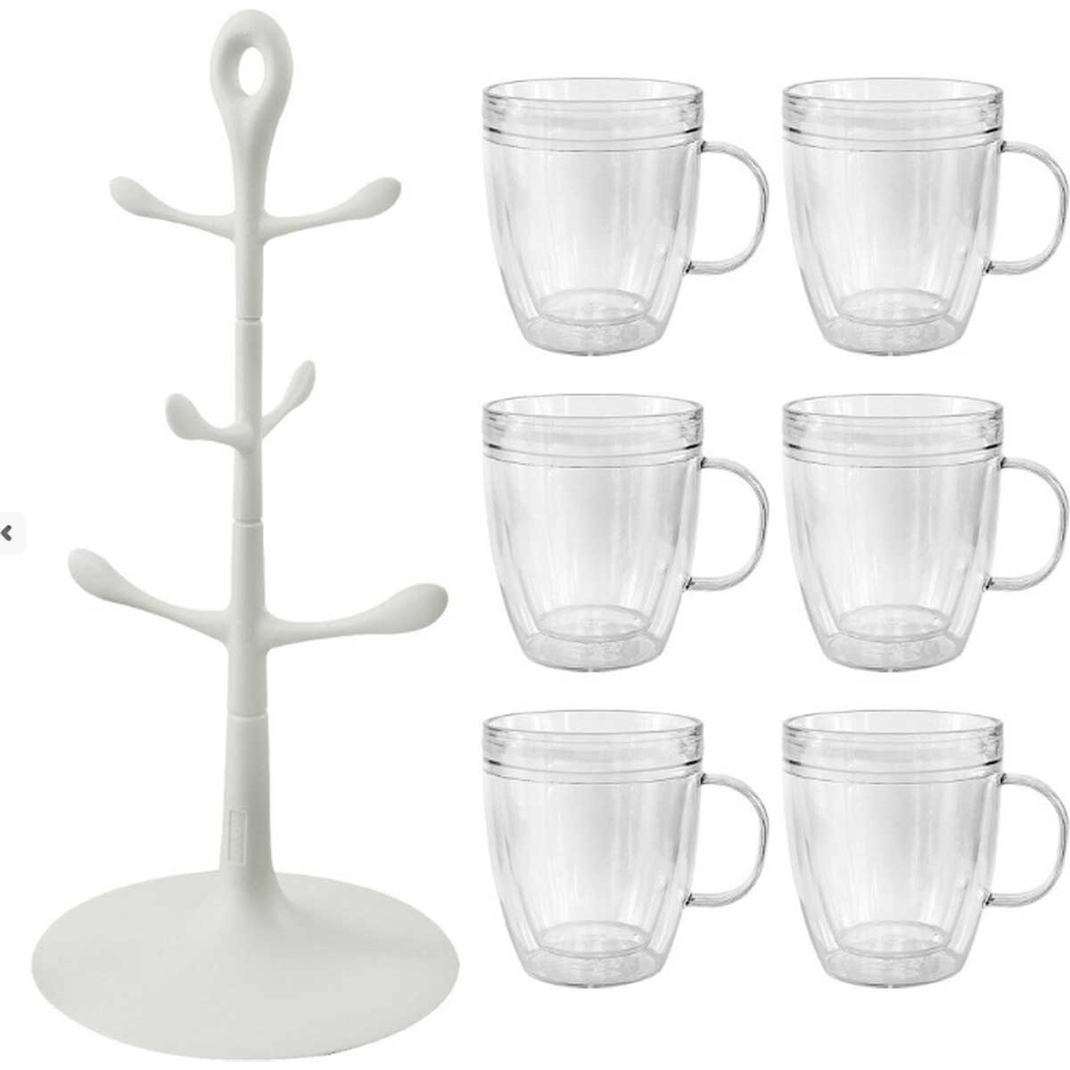 Bodum Bistro - Mokkenhouder met 6x Dubbelwandige Kunststof Glazen Mokken - BPA-Vrij