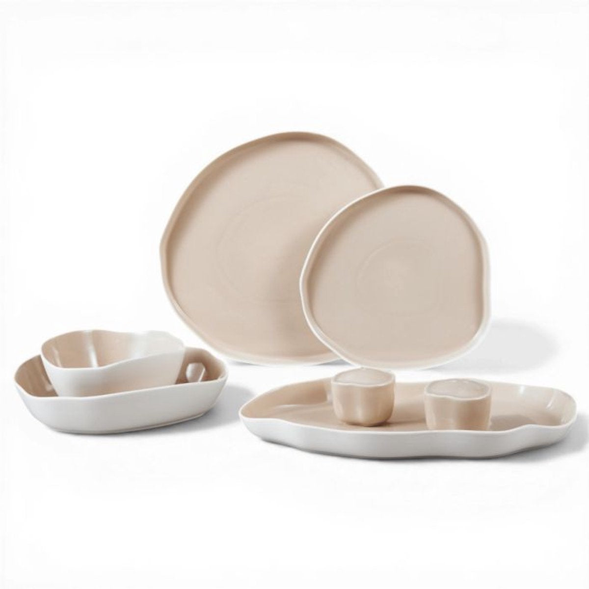 Bricard Bonnes - Porseleinen Dinner Set - Serviesset - 27-delig - 6-Persoons - Wit/Taupe - Japandi
