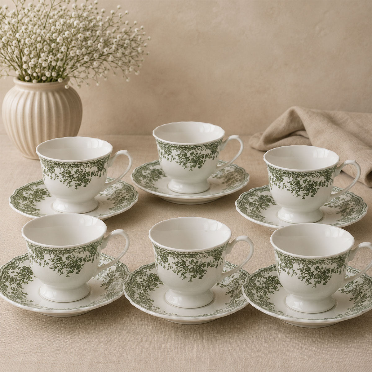 Bricard Fleury - Vintage Koffieset - 12-delig - Groen/Wit - 225ml - Porselein - Koffie Kopjes en Schoteltjes