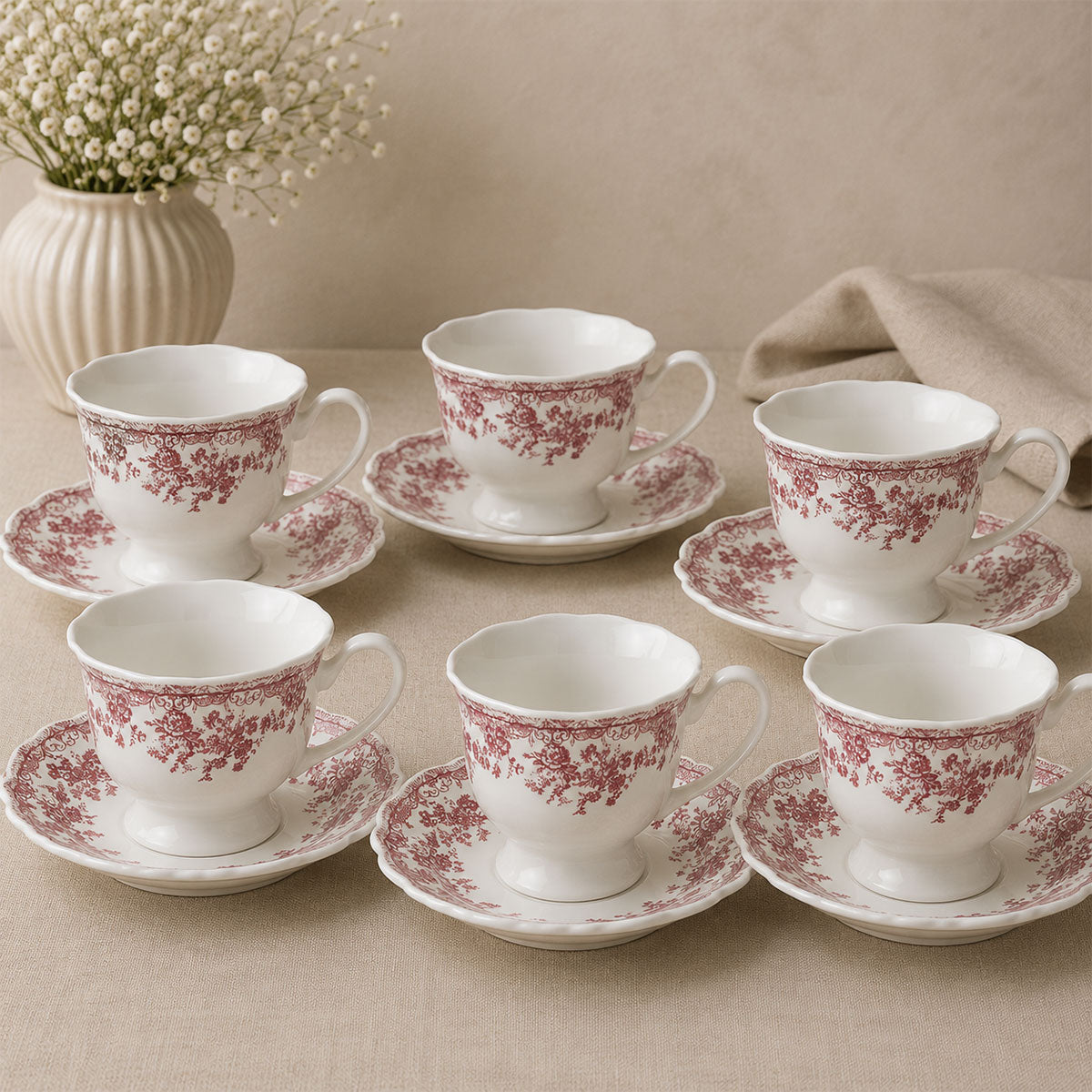 Bricard Fleury - Vintage Koffieset - 12-delig - Roze/Wit - 225ml - Porselein - Koffie Kopjes en Schoteltjes