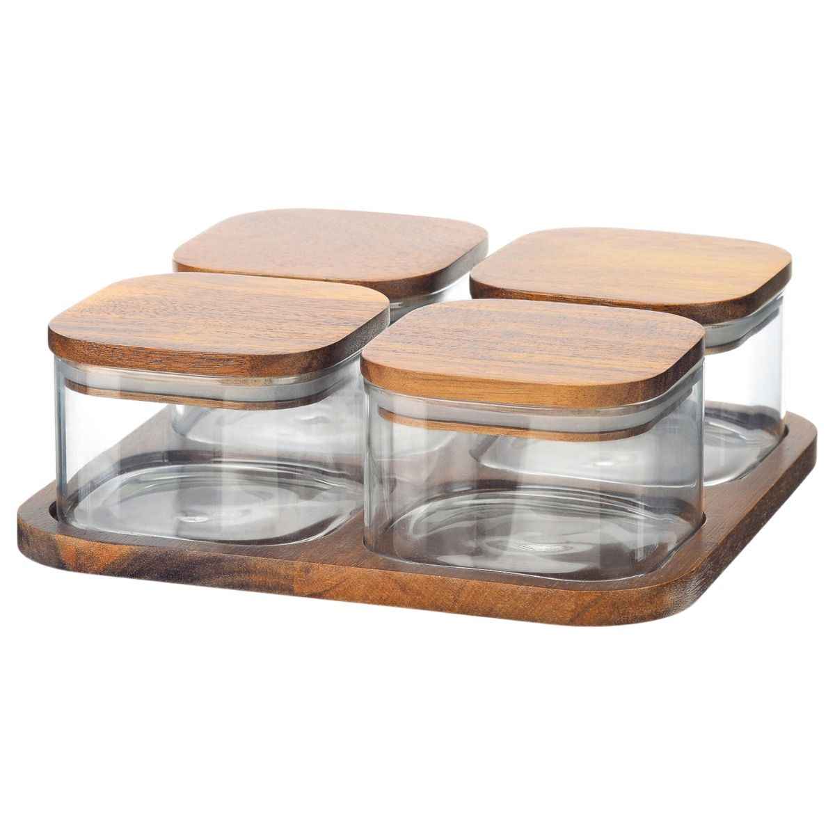 Bricard Glazen Vershoudbakjes - 5-delig - Acacia Hout - BPA vrij - Glas