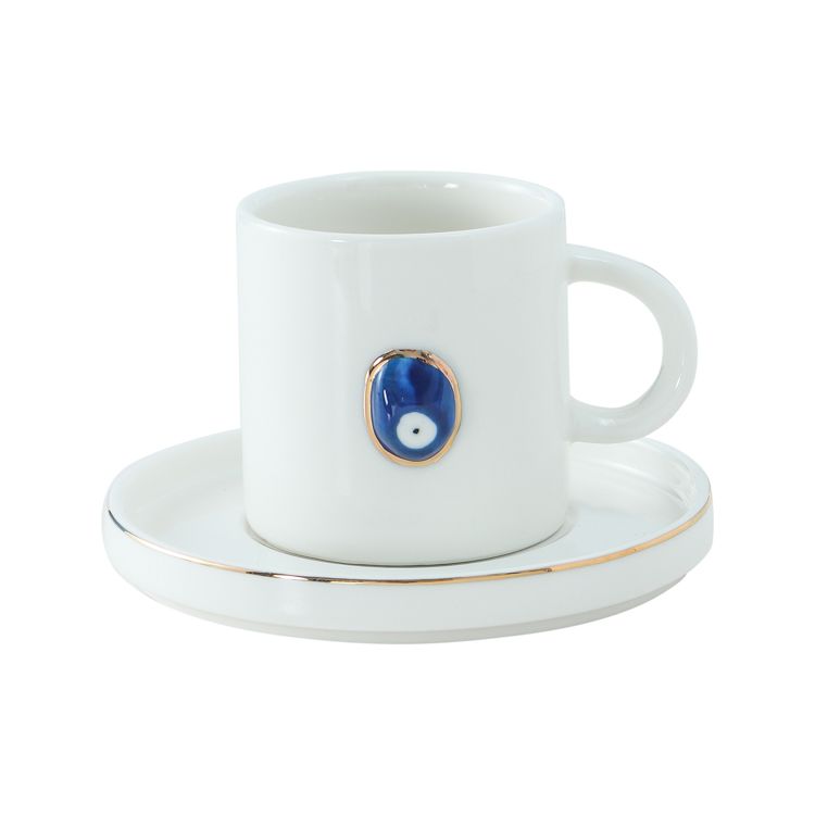 Bricard Hatira - Espressoset met Nazar Boncuk - 12-delig - Wit/Goud - 125ml - Keramiek - Espresso Kopjes & Schotels