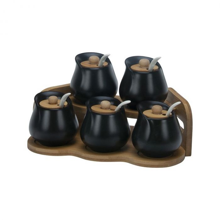 Bricard Kruidenpotjes Set 11-delig - Keramiek Zwart met Bamboe Rekje - 5x Voorraadpotjes met Deksel & Lepeltje