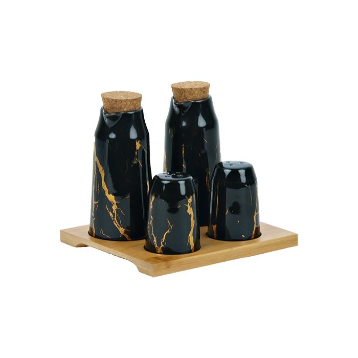 Bricard Menageset - 4-delig met Houten Plateau - Zwart/Goud Marmerlook - Olie en Azijn Stel + Peper en Zoutstel - Keramiek